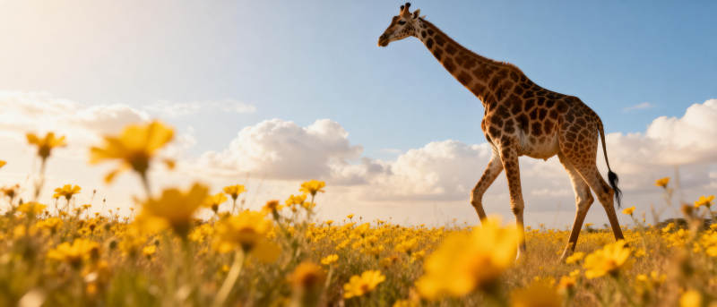 长颈鹿穿行花海图片