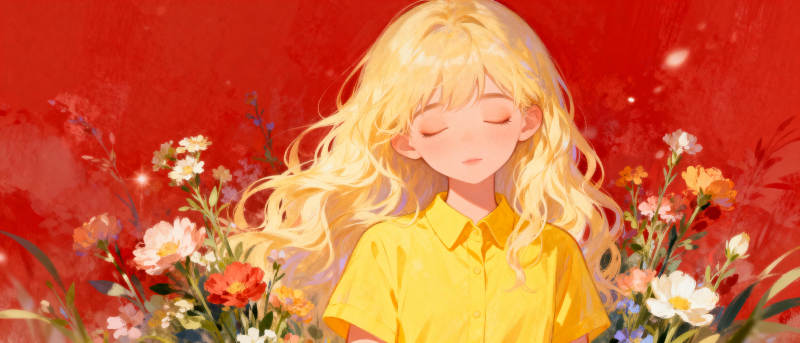 金发少女与花丛图片