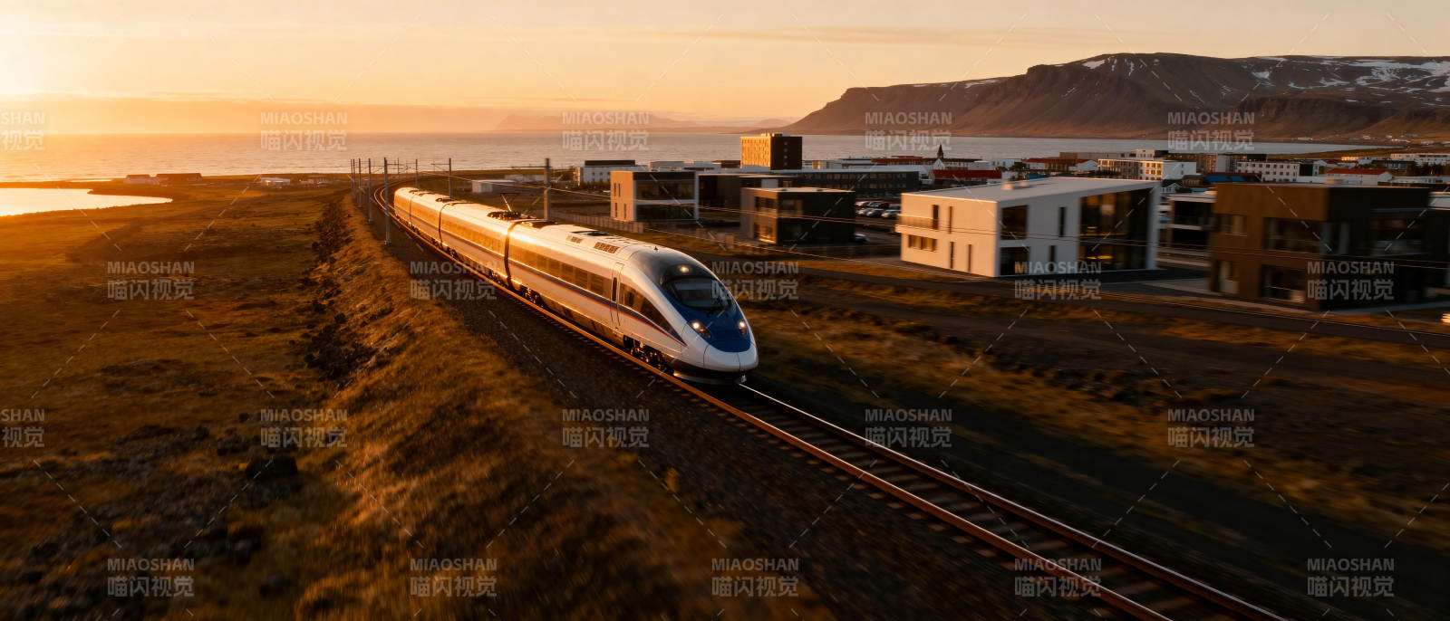 高铁穿行日落时分图片