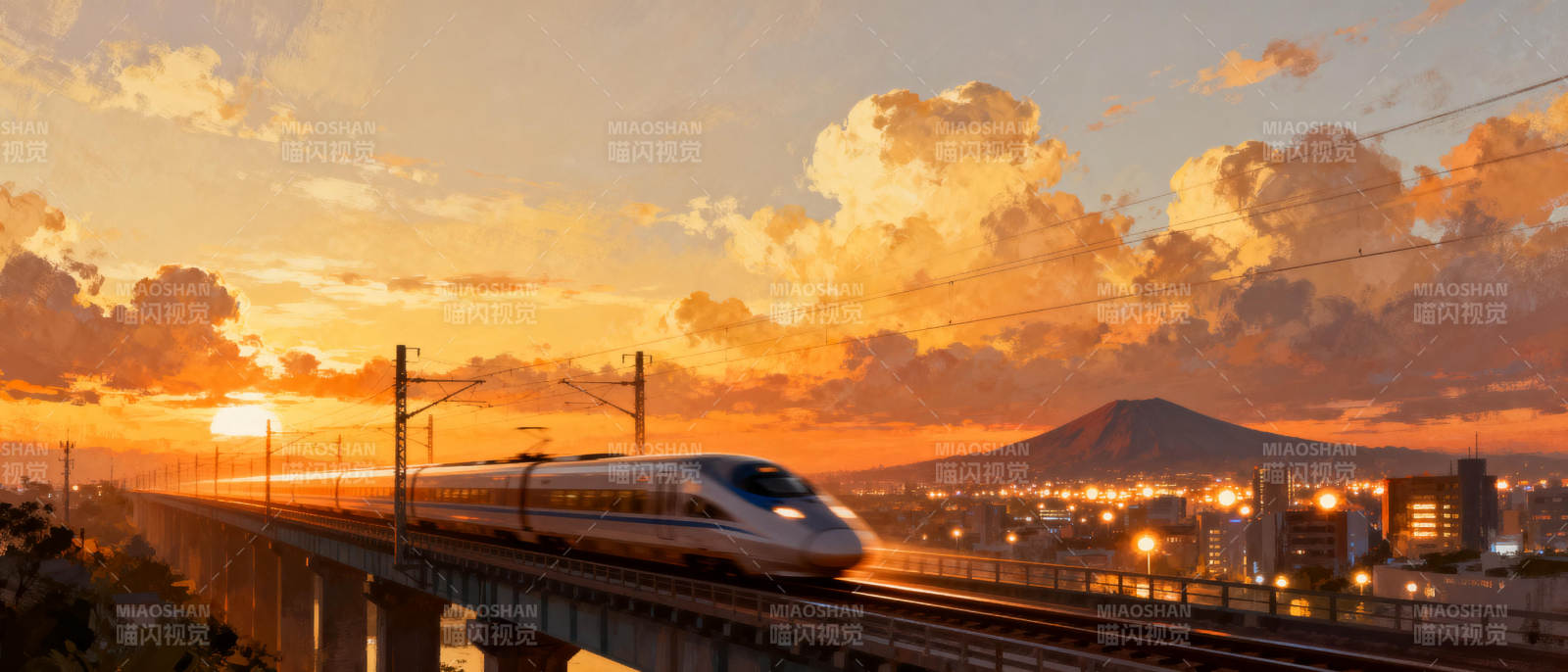 夕阳下的高速列车图片