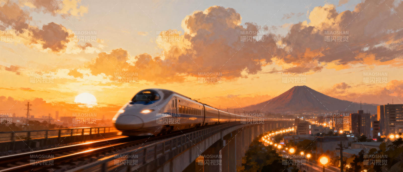 夕阳下的高速列车图片