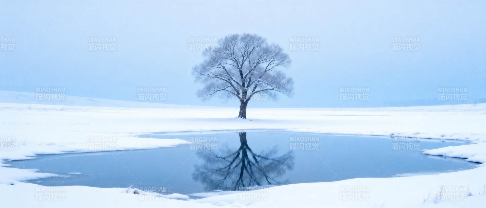 雪原孤树映湖中图片