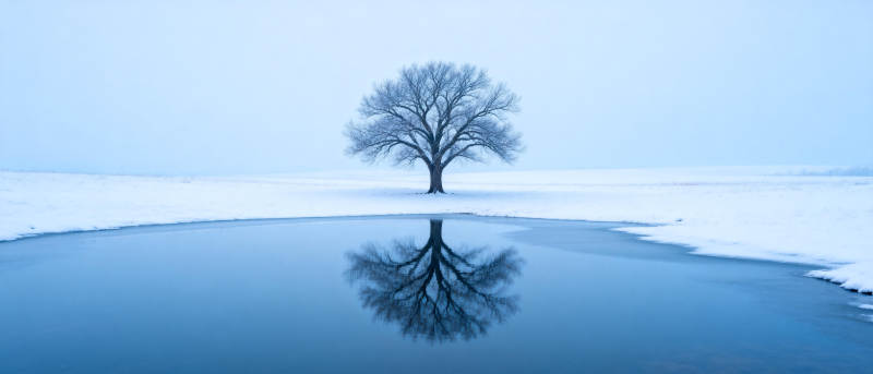 孤树映雪湖图片