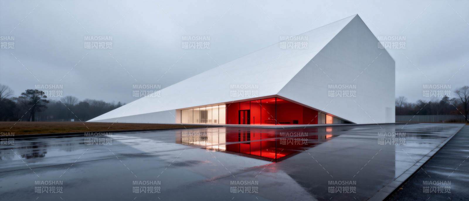 红白建筑倒影图片