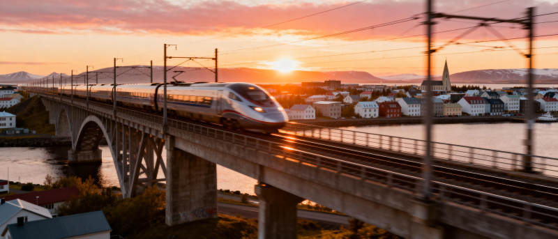 日落桥上高铁疾驰图片