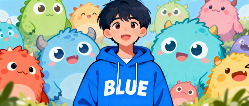蓝色少年与萌宠图片