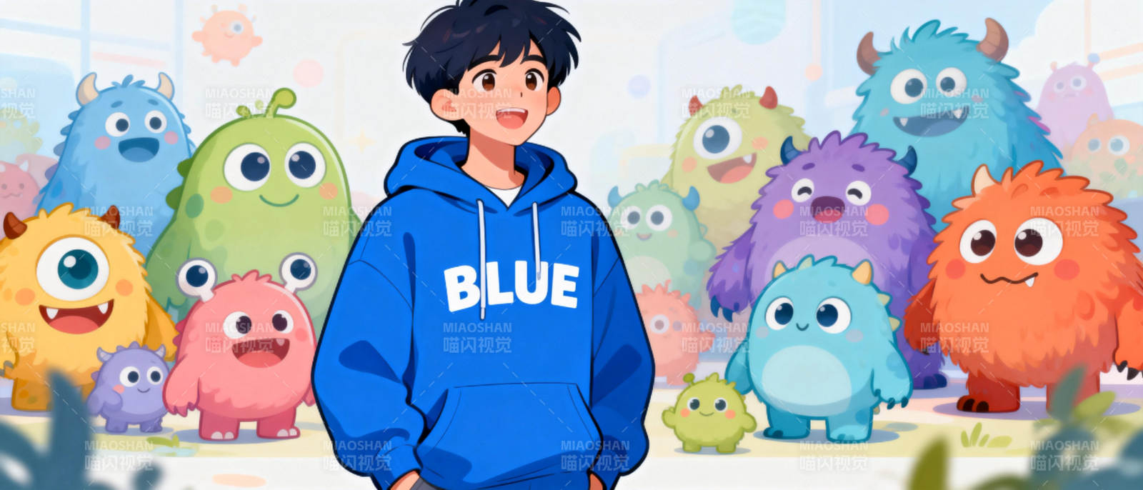 蓝衣少年与萌兽图片
