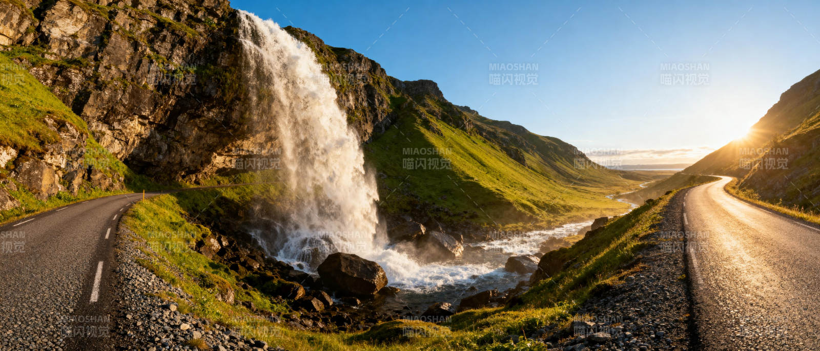 山间瀑布公路图片