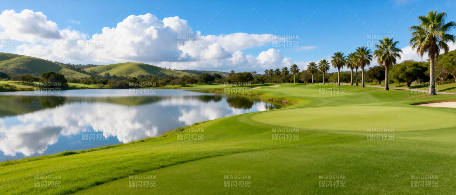 绿茵映湖 棕榈成行图片