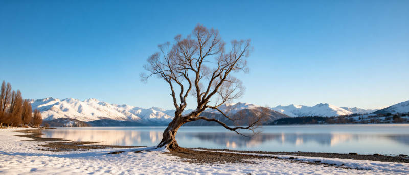 雪湖孤树映山景图片