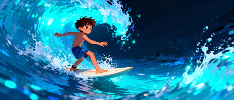 少年冲浪逐浪行图片