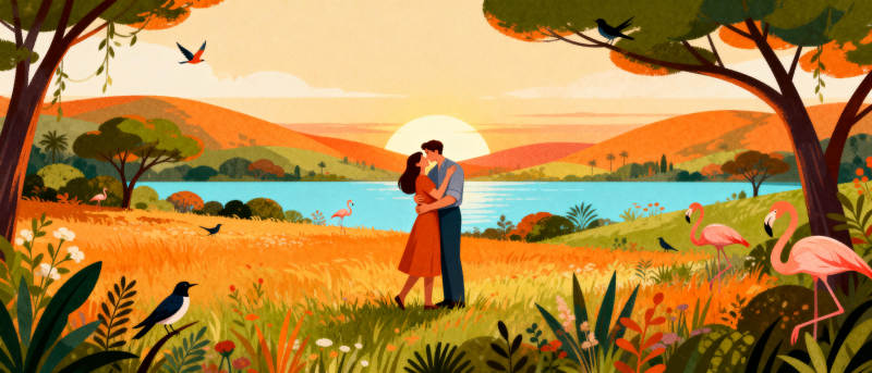 夕阳下的浪漫邂逅图片