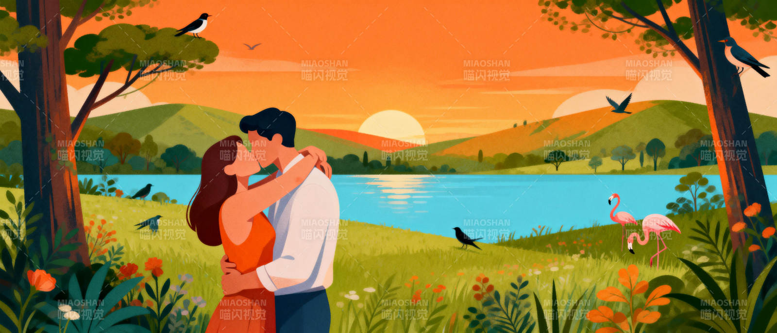 湖畔恋人共赏夕阳图片