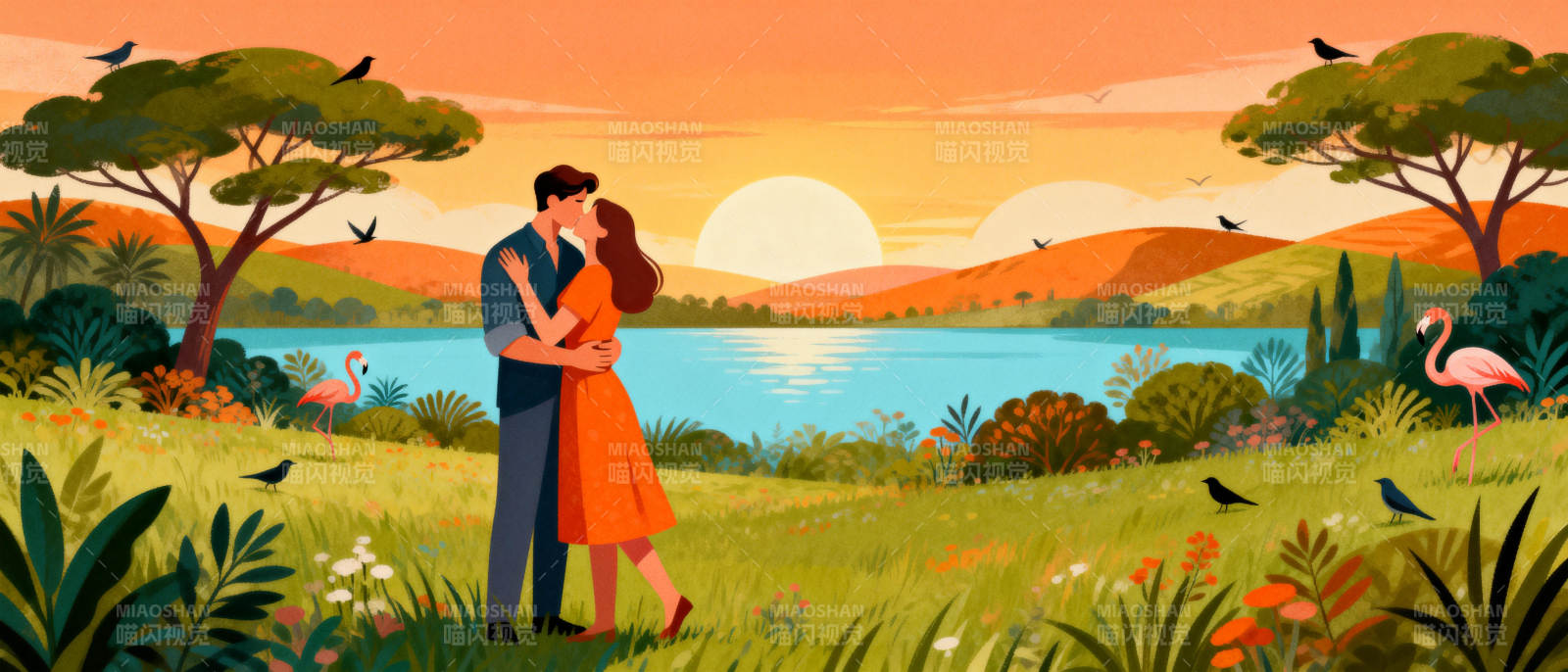 湖畔恋人黄昏时图片