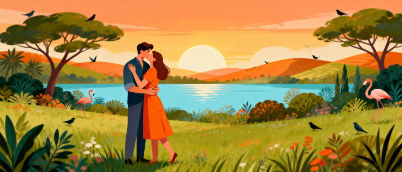 湖畔恋人黄昏时图片