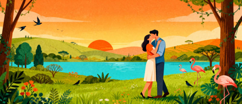 夕阳下的浪漫邂逅图片