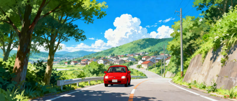 红车驶向山间小镇图片