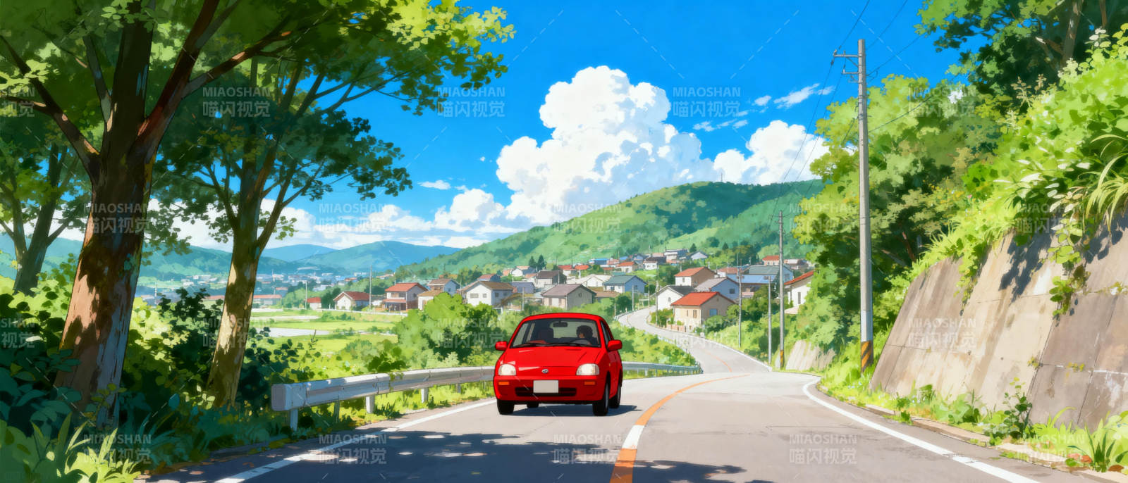 红车驶向山间小镇图片