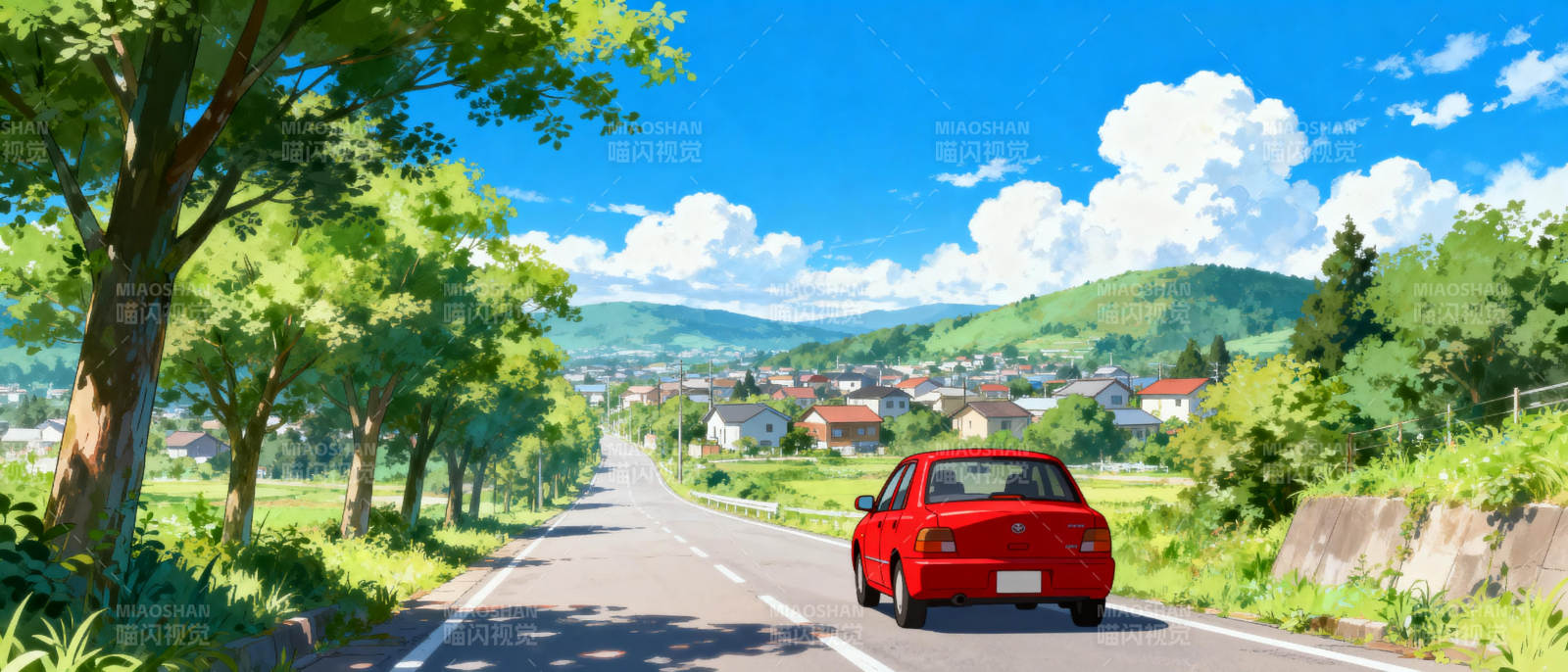 红车驶向绿野小镇图片