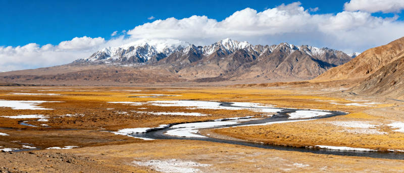 雪山下的草原河流图片