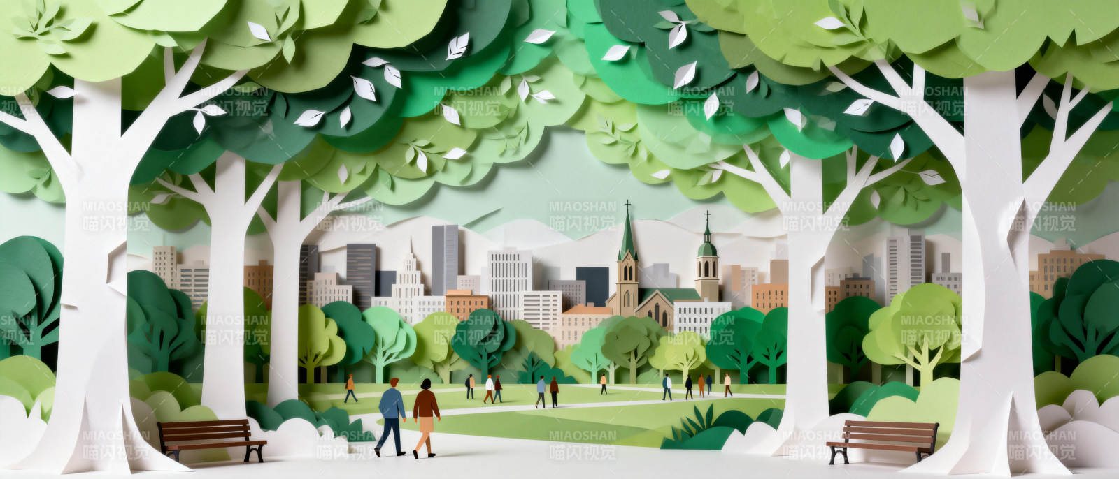 城市公园剪纸风图片