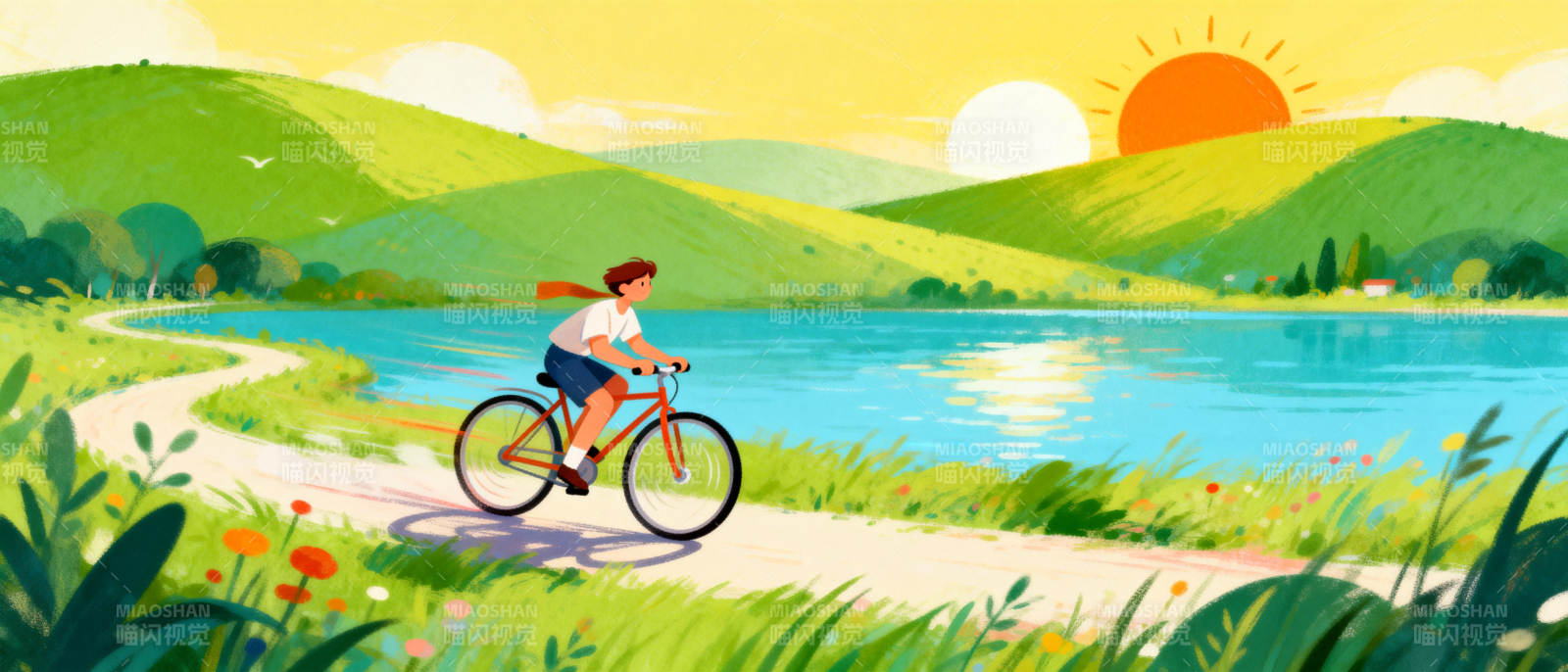 湖畔骑行乐图片