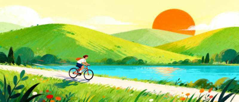 湖畔骑行日落时图片