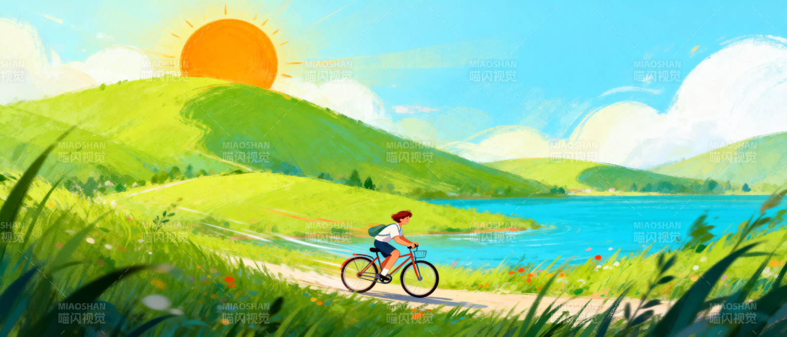 骑行湖畔春光图片