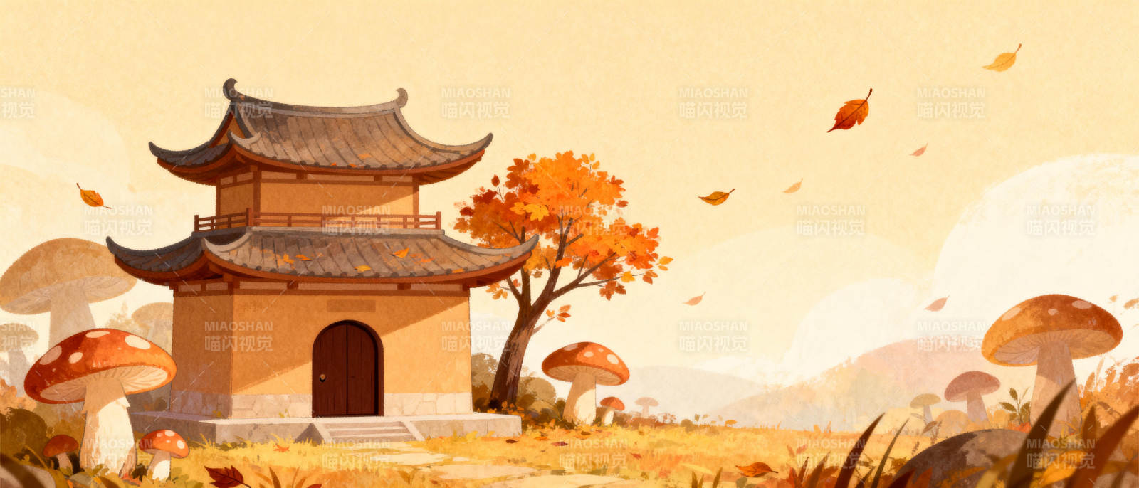 秋日古亭静谧景图片