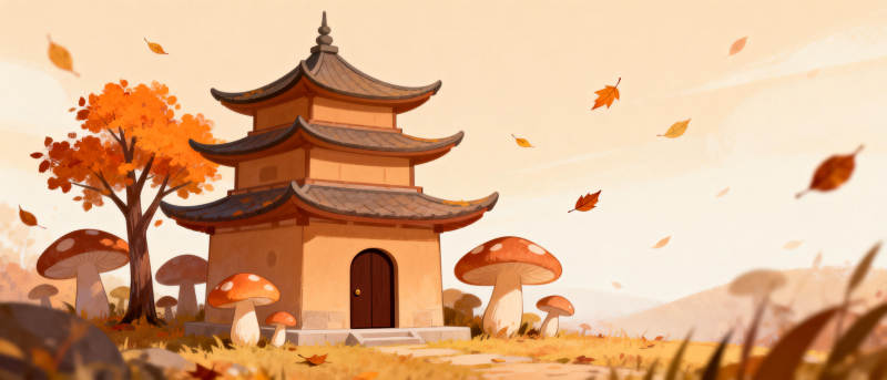 秋日古塔与蘑菇图片