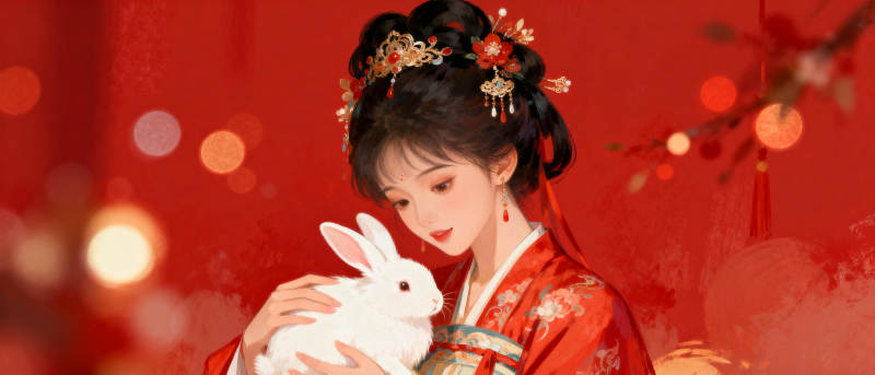 红衣女子抱白兔图片