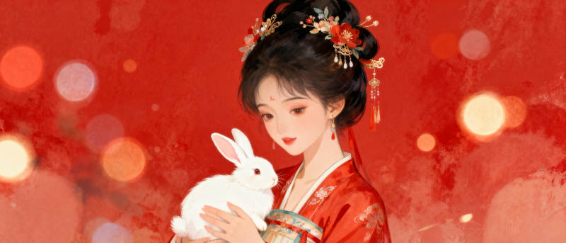 红衣少女抱白兔图片