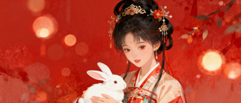红衣少女抱白兔图片