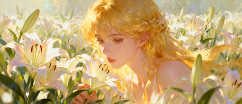 金发少女与白花图片