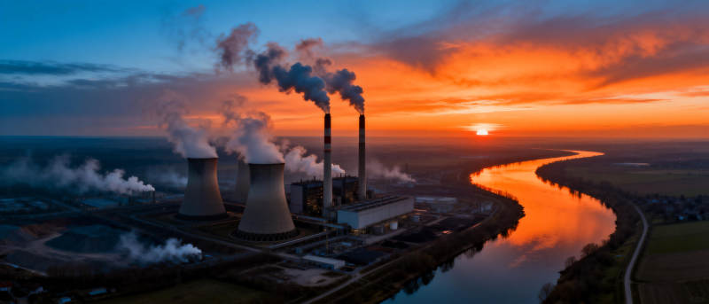 夕阳下的电厂风光图片