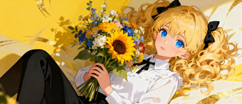 金发少女与花束图片