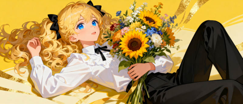 金发少女与花束图片