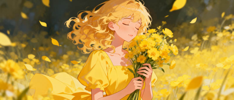 金发少女与花海图片