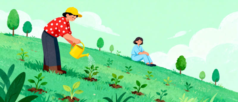 园中浇花 静坐赏景图片