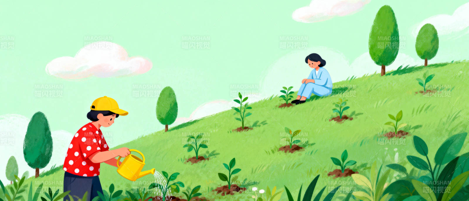 园丁浇灌小树苗图片