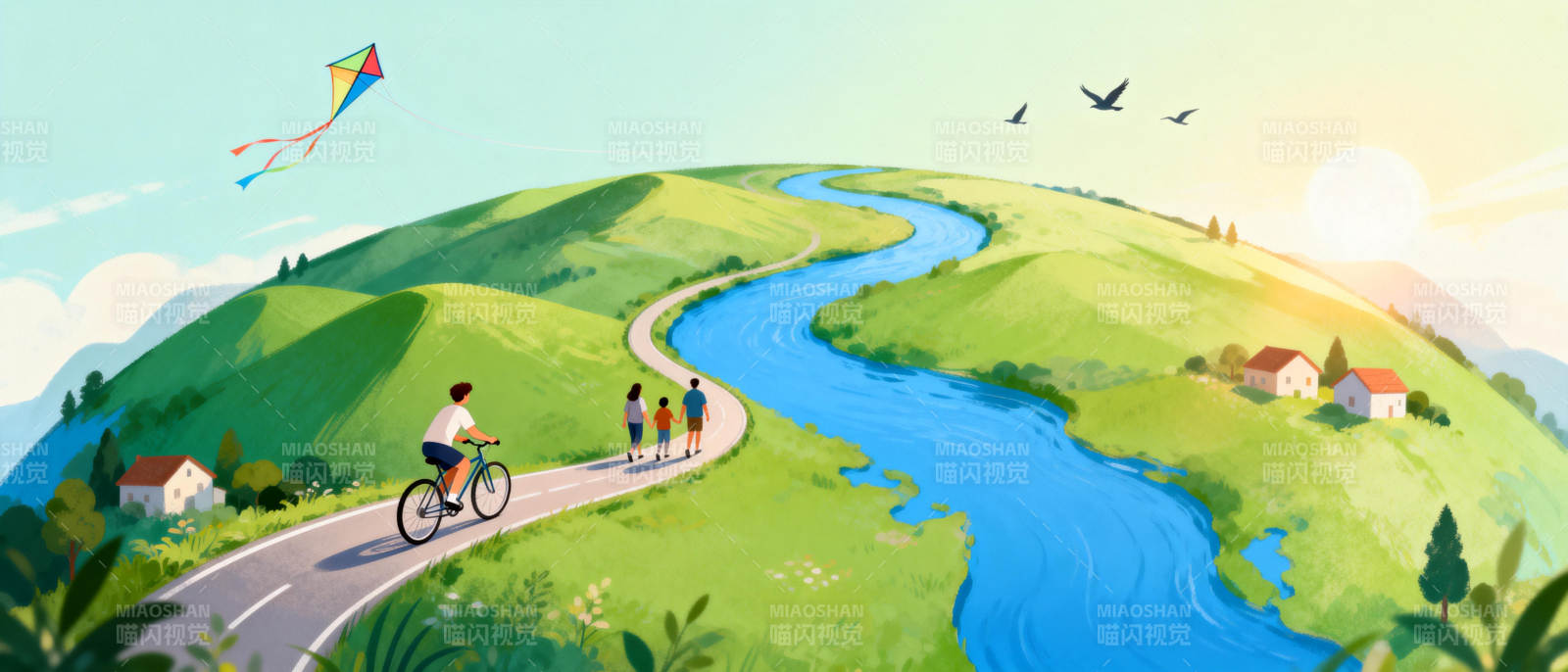 春日骑行图图片