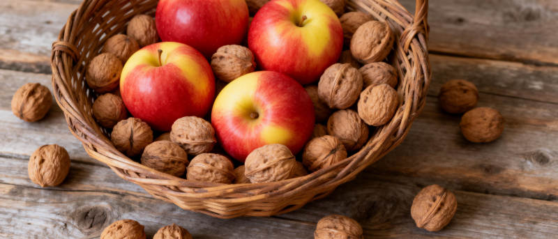 苹果核桃篮中盛图片