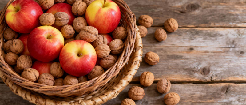 苹果核桃篮中盛图片