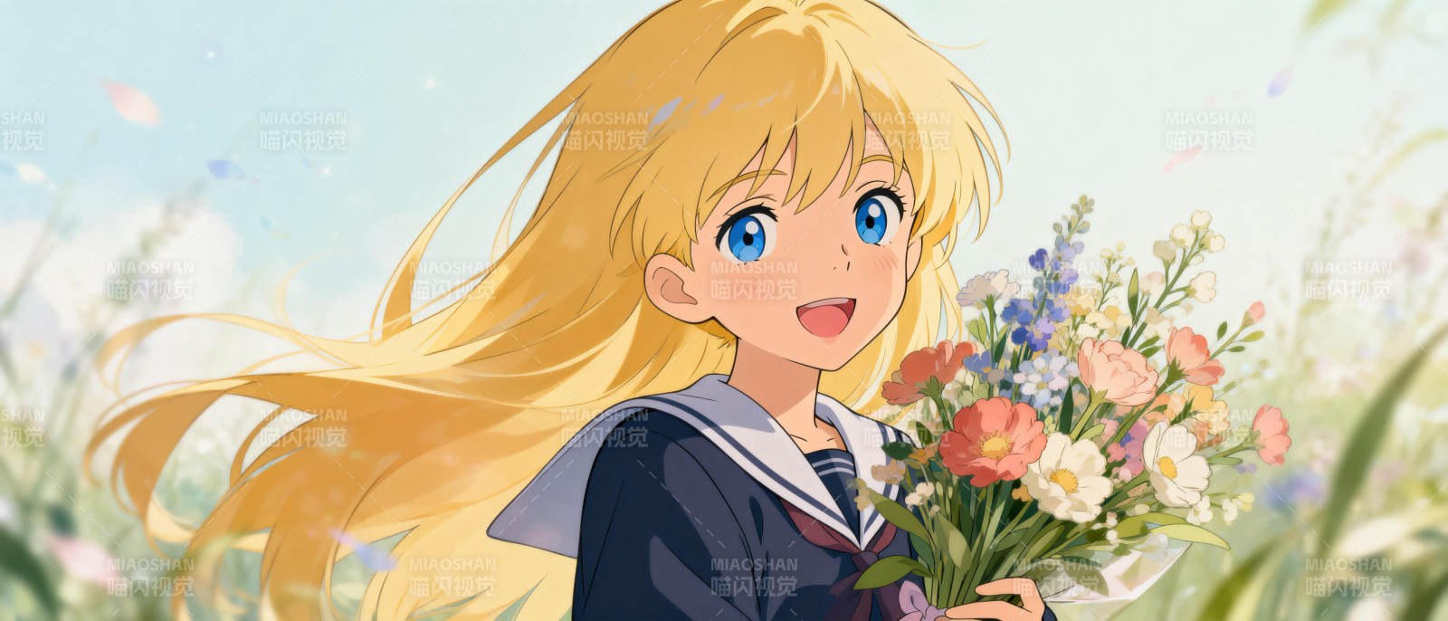 花丛中的金发少女图片