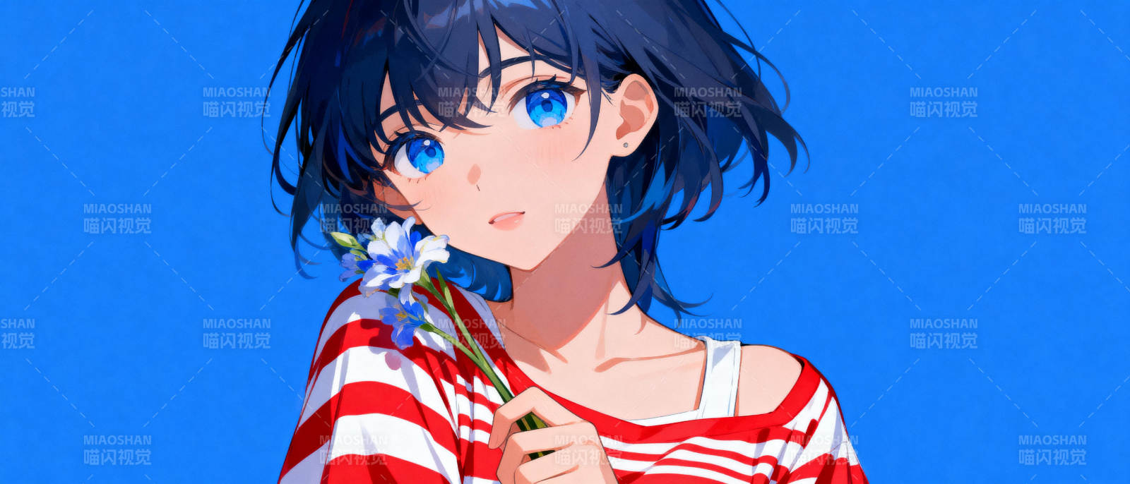 蓝眸少女持花图片