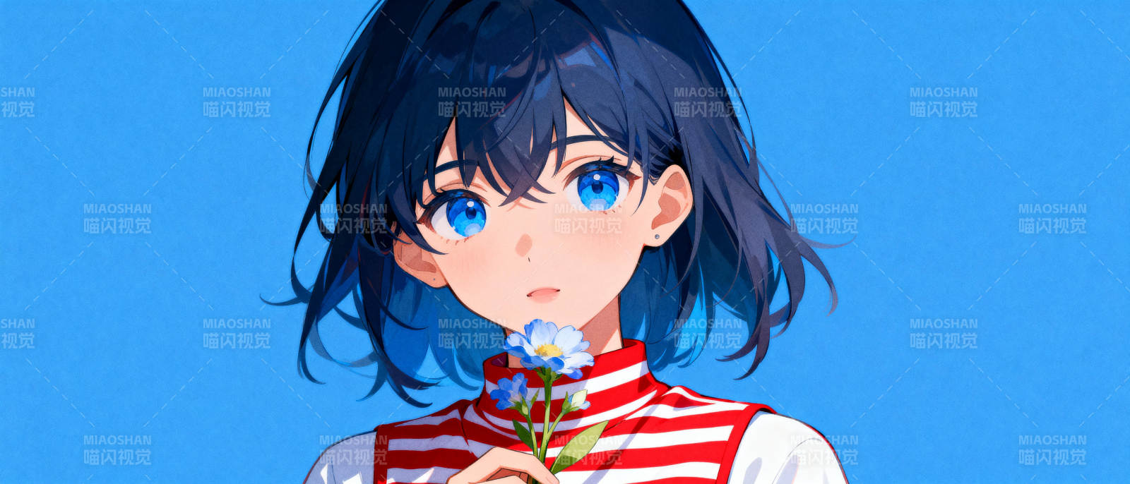 蓝眸少女捧花图片