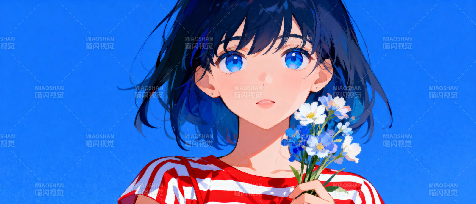 蓝眸少女与花图片