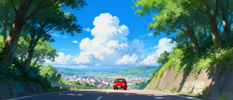 山间公路红车行图片