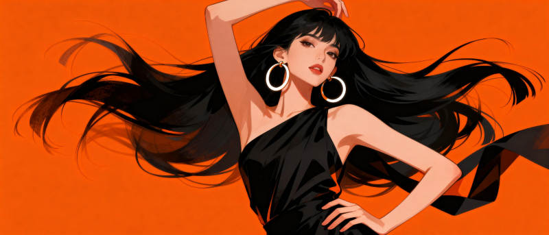 黑发美人舞动橙色背景图片