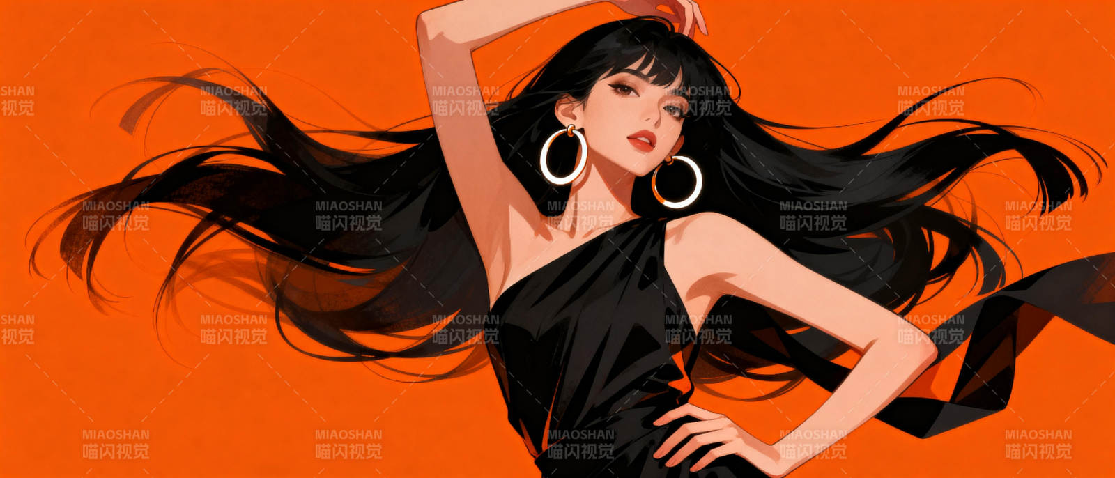 黑发美人舞动橙色背景图片